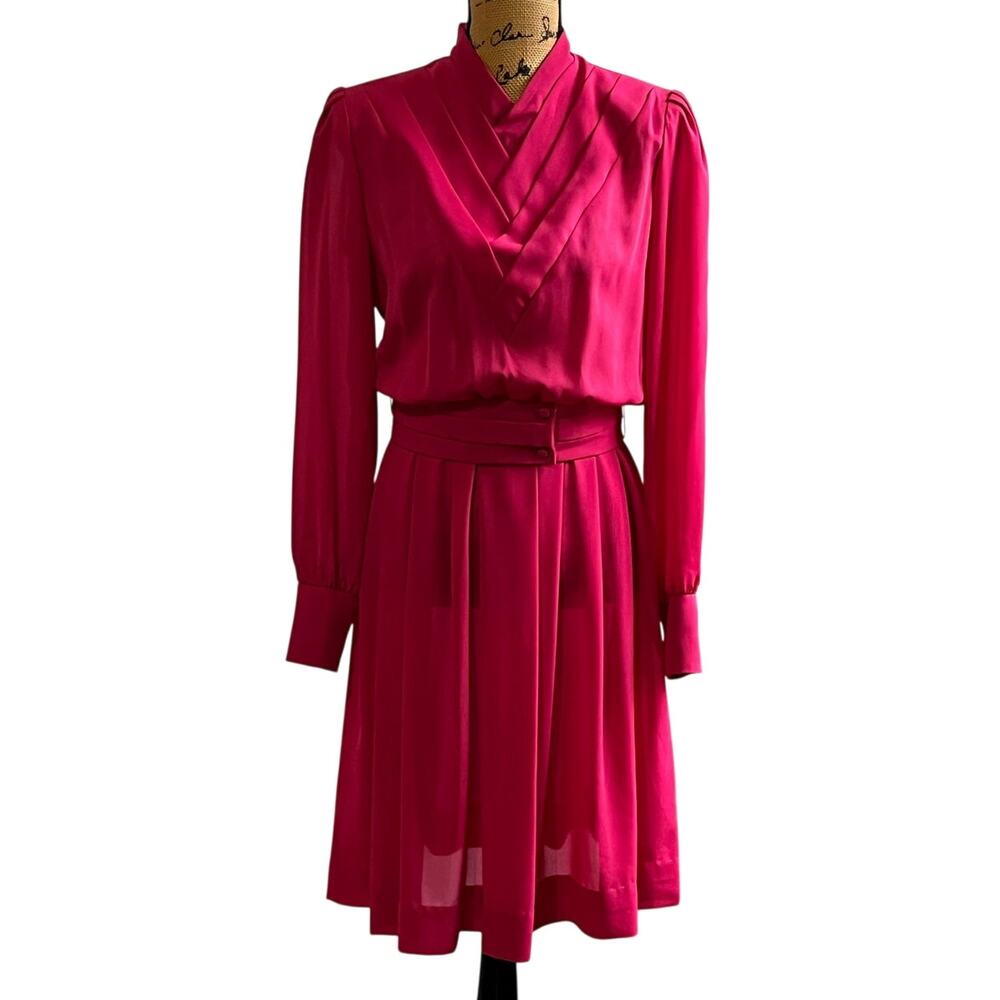 VTG 70s 80s Pink Sheer Long Sleeve A-Line Midi Blouson Dress Women’s S